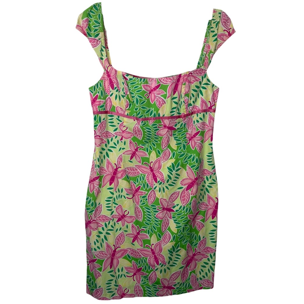 Lilly Pulitzer Butterfly Floral Natasha Dress Green Pink Sz 14 Cotton Cap Sleeve
